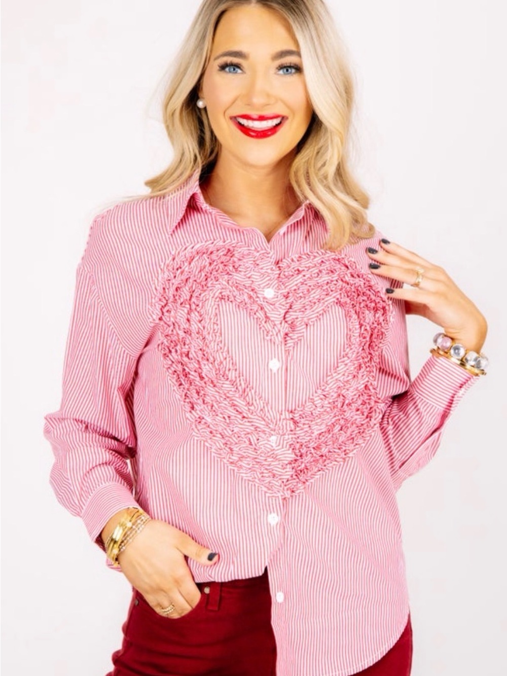 The Willow Tree Charli Red Striped Ruffle Heart Shirt